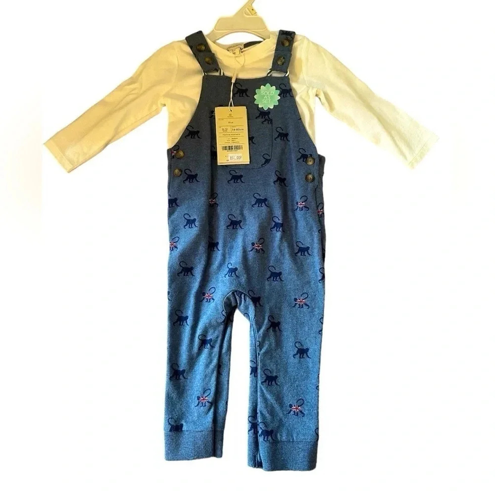 Monsoon Baby Overalls and Long Sleeve Top Set Blue Monkey Print Size 9–12M